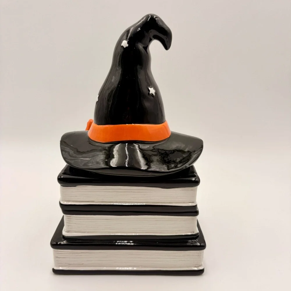 Halloween Ceramic Witch Hat Stacked Books Let's Get Spooky Candy Jar Black